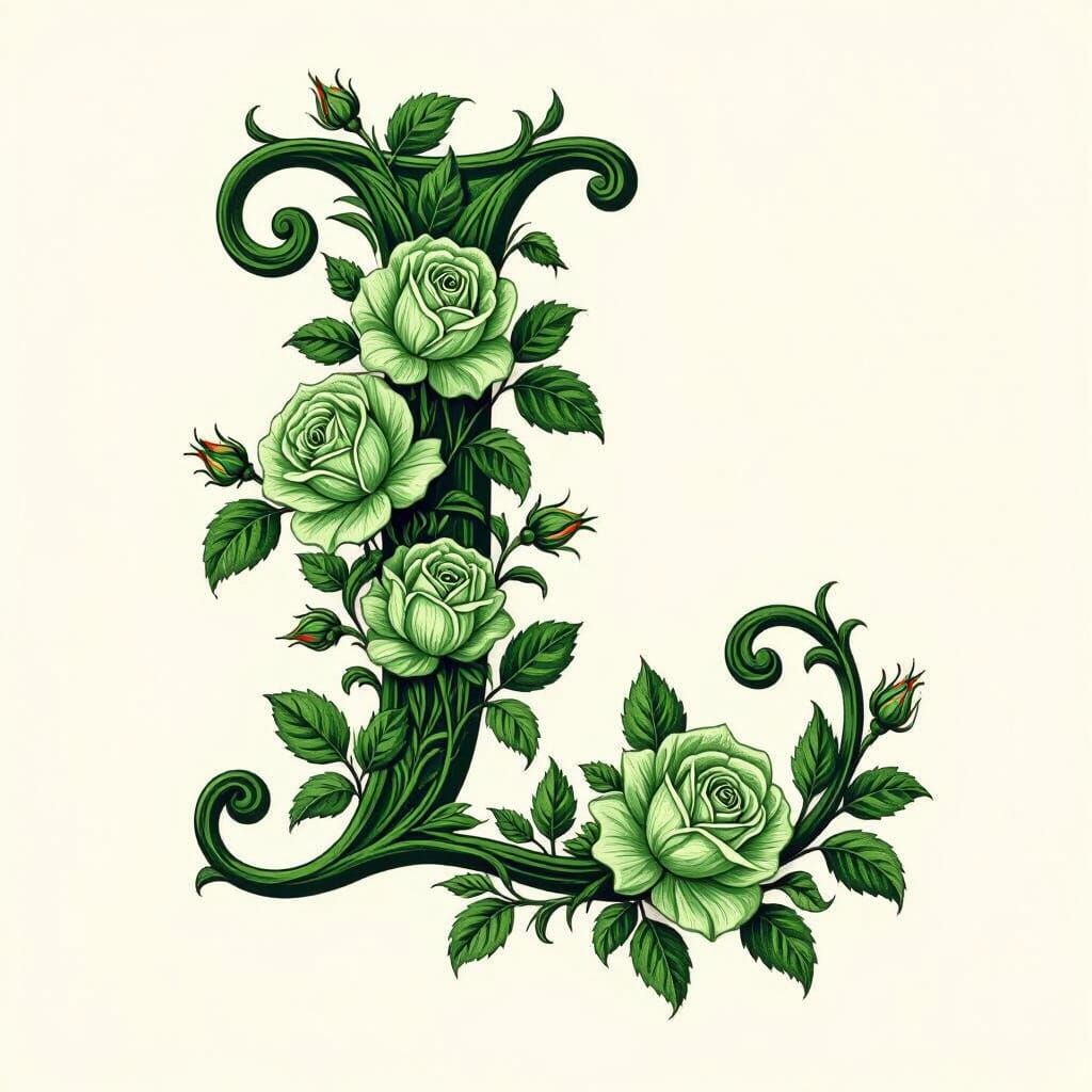 Elegant Green Calligraphy Letter L with Roses