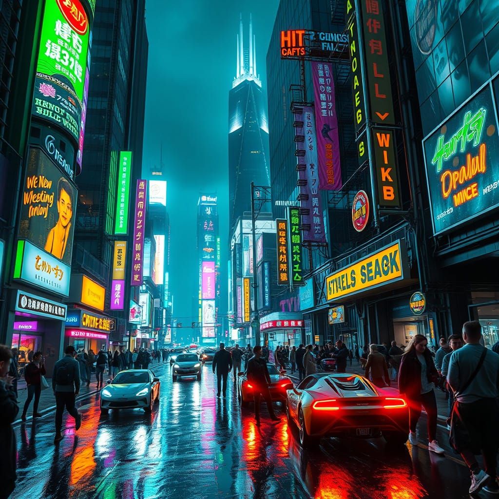 Cyberpunk Cityscape at Night, Lit by Vibrant Neon Lights