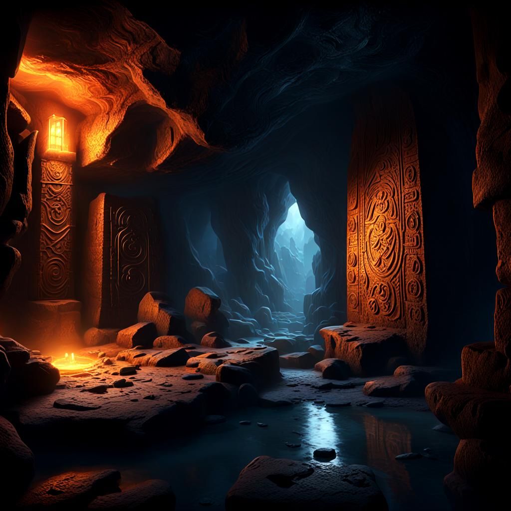 Mystical Carvings in Dark Cave with Light Beam