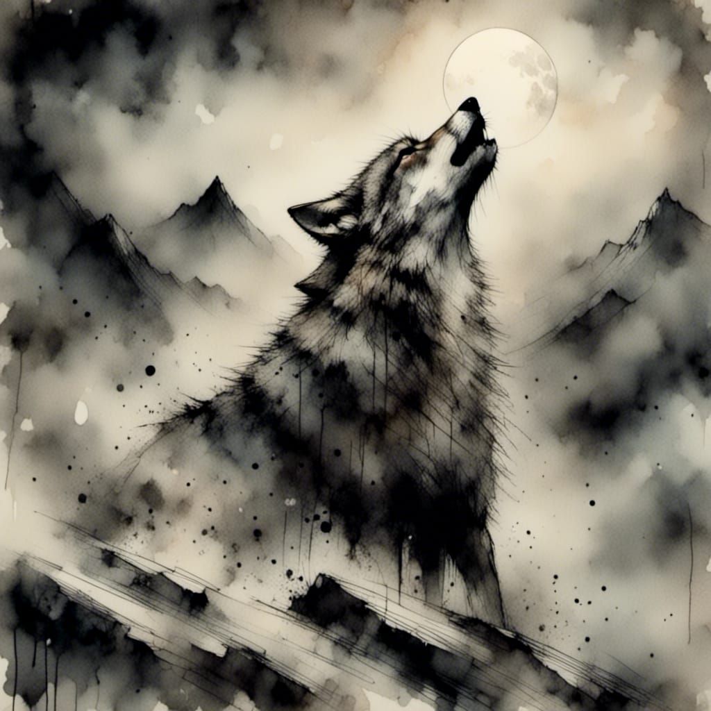 Lone Wolf Howling in Blizzard: Charcoal and Ink Art