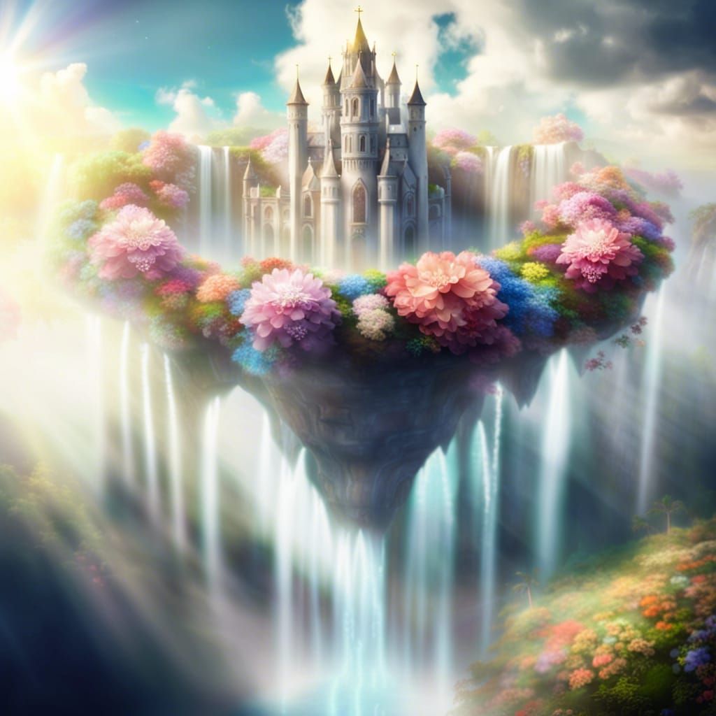 Floating Castle with Flowers and Waterfalls