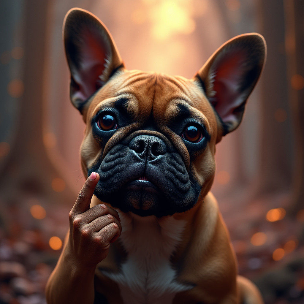 Light brown with black snout french bulldog giving the middle finger