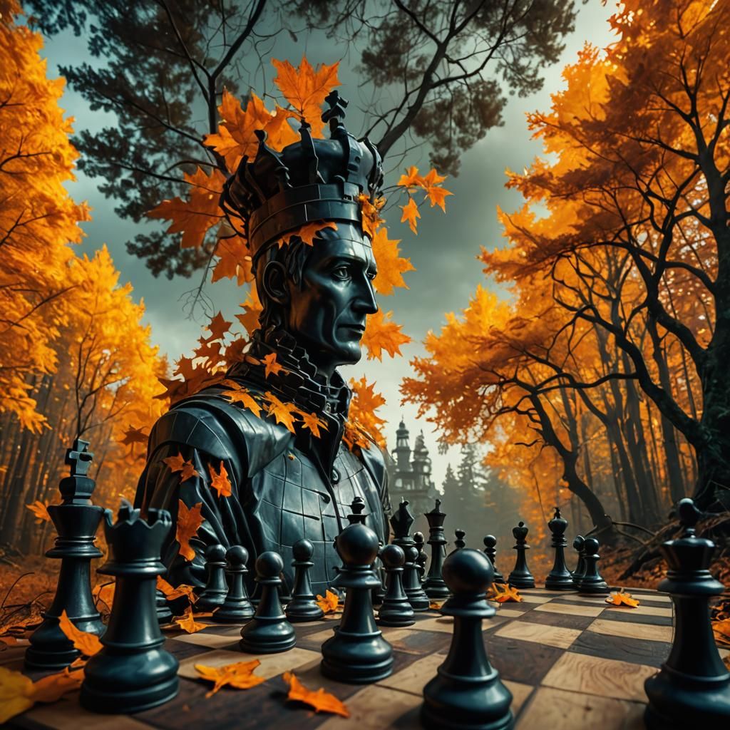 Surreal Autumn Chessboard in Dreamlike Forest
