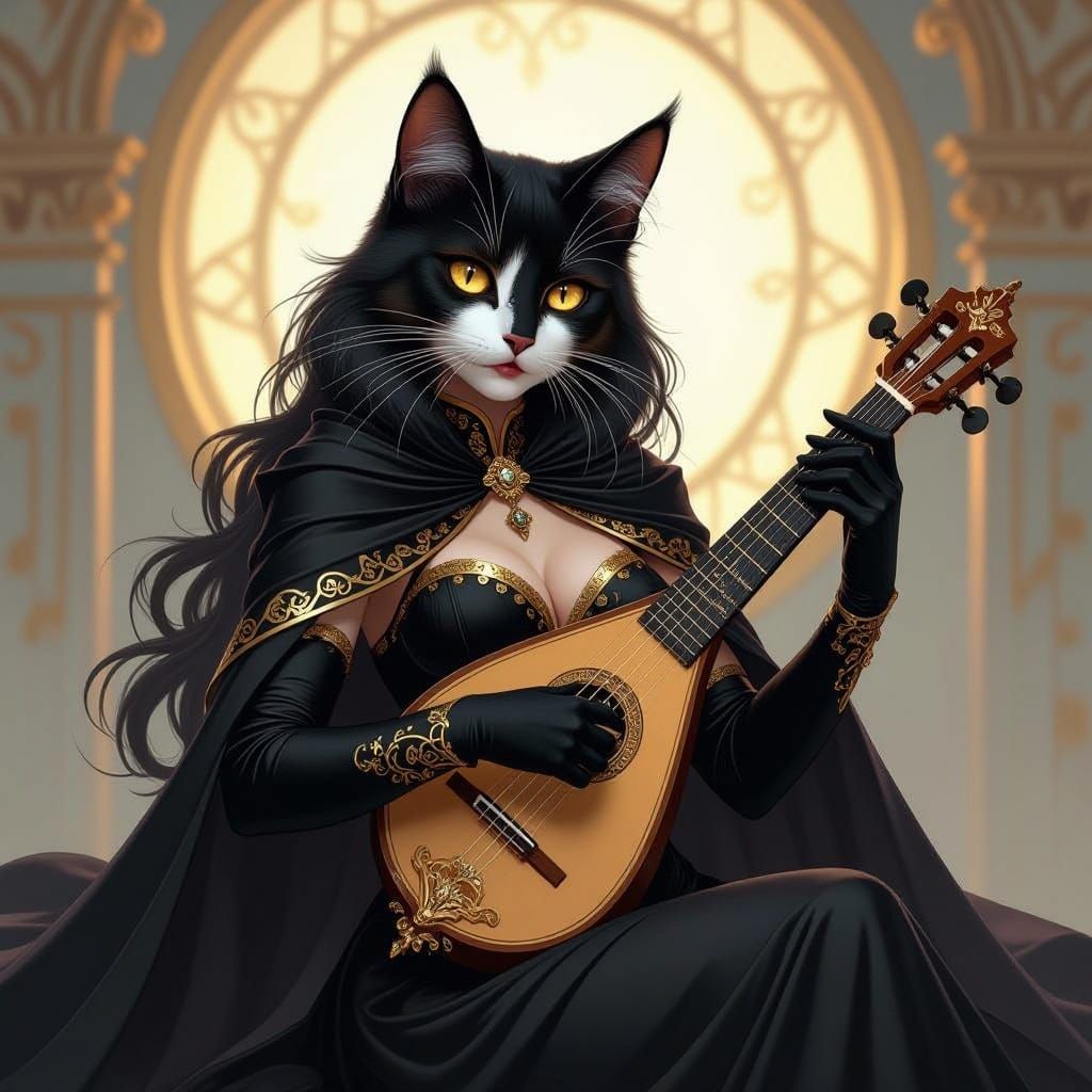 Cat-Human Bard with Golden Eyes Plays Lyre