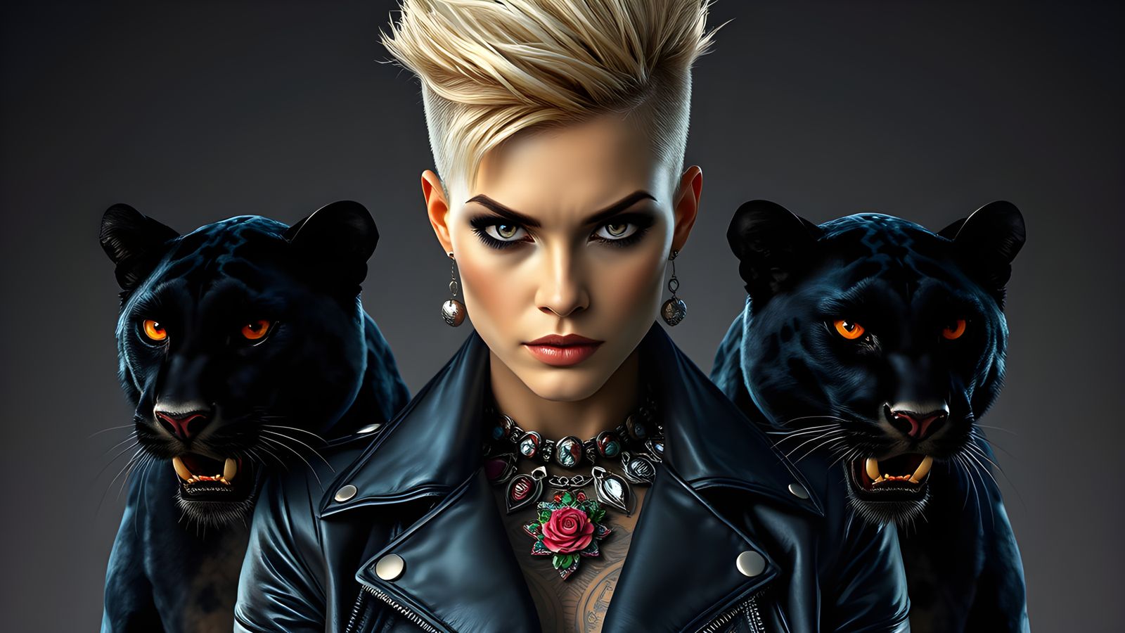 Hyperrealistic Gangster Woman with Panthers and Tattoos