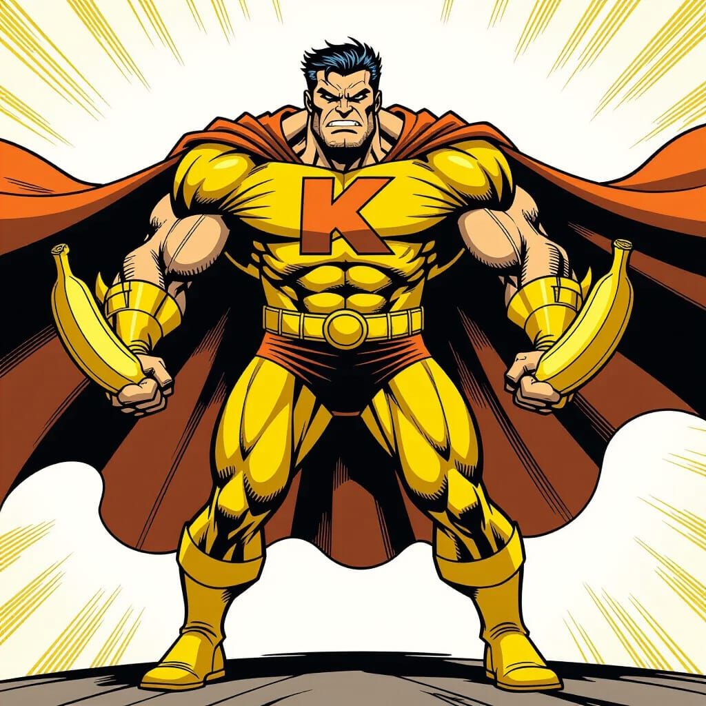 Superhero with Banana Guns and Brown Cape