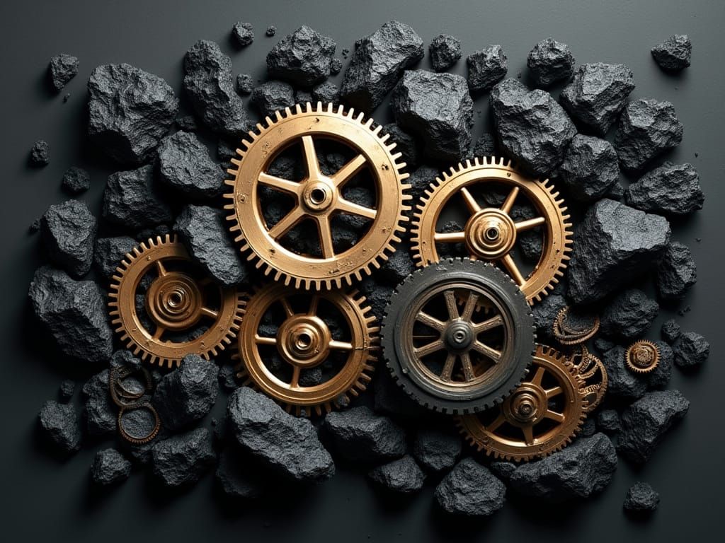 Surrealist Industrial Landscape with Corundum Crystals and B...