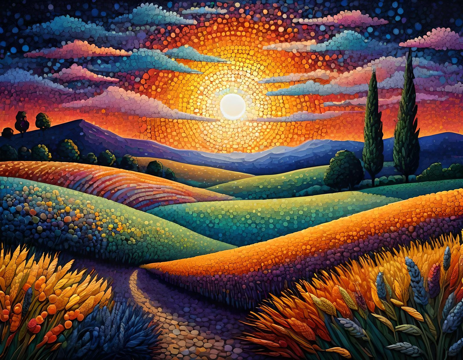 Pointillist Sunset Over Wheat Field at Twilight