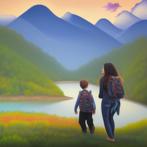 Family Hiking in Mountains: A Hyperrealistic Painting