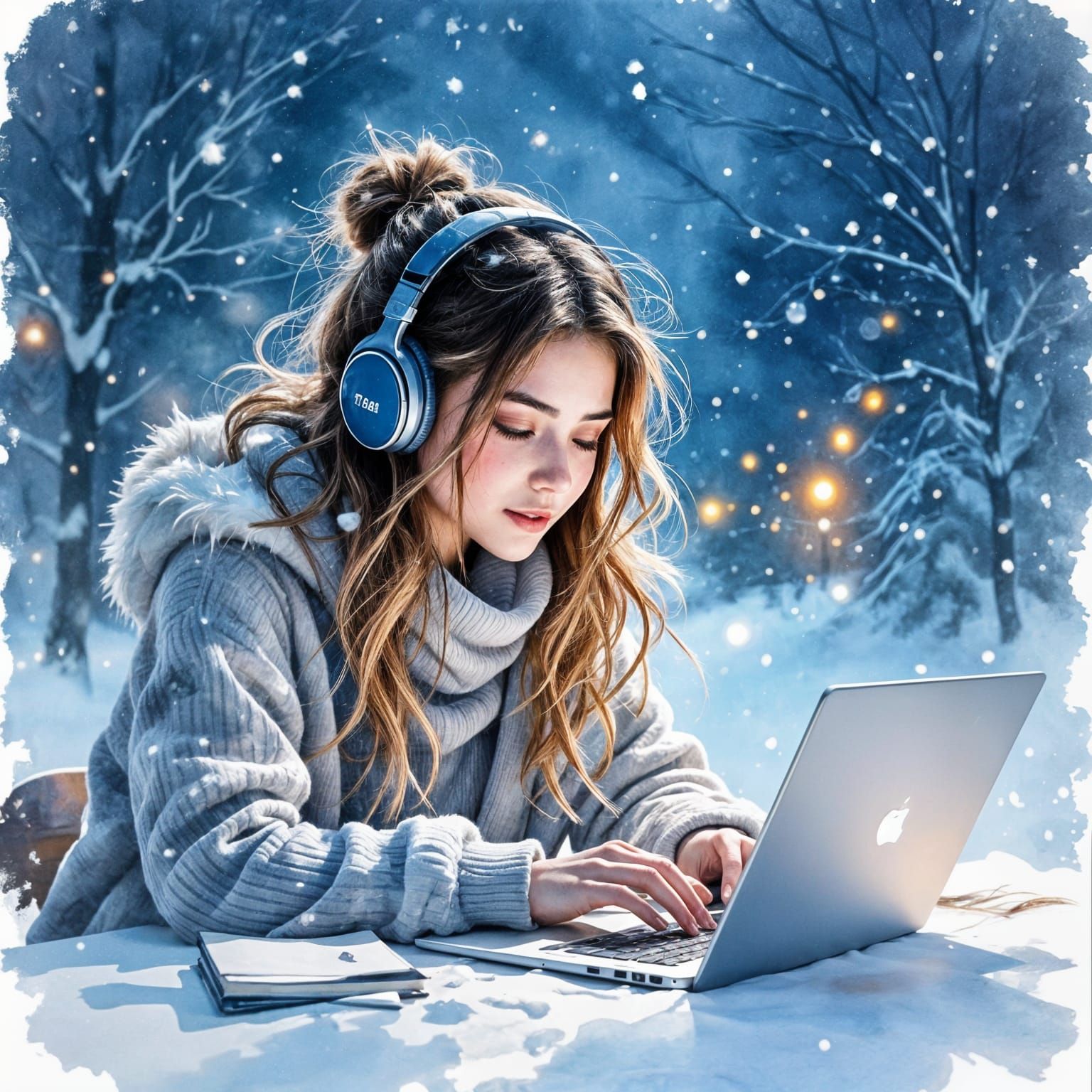 Dreamlike Teenager Studying in Winter Wonderland Watercolour