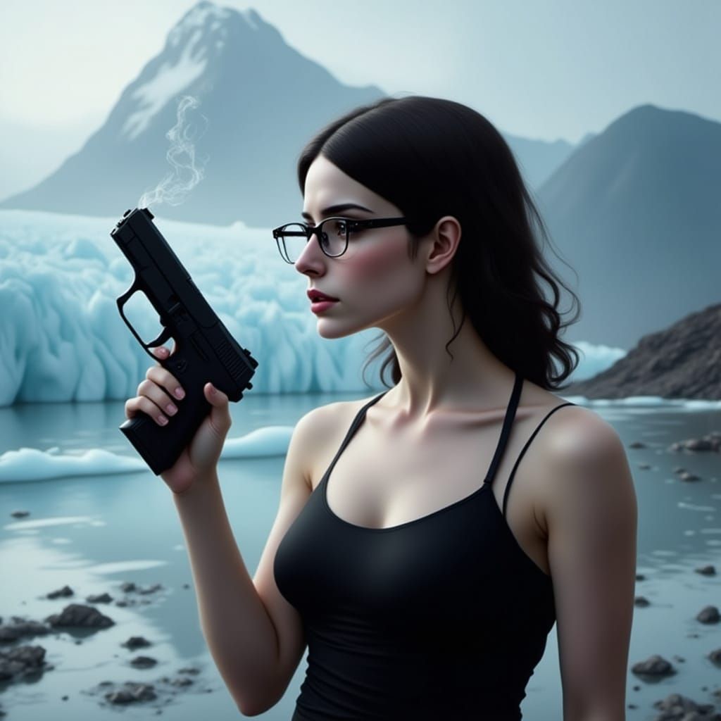 Woman with Gun in Surreal Glacial Landscape