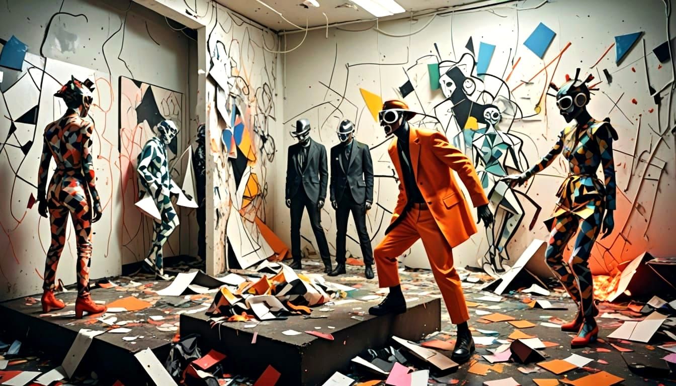 Gritty Discotheque Scene in Neon Cubist Style