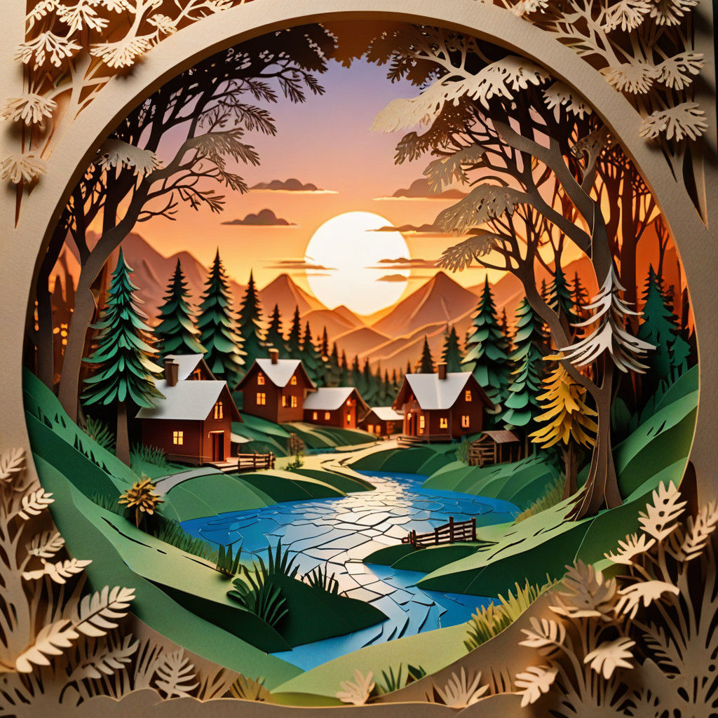 Kirigami Village at Sunset in Alpine Forest