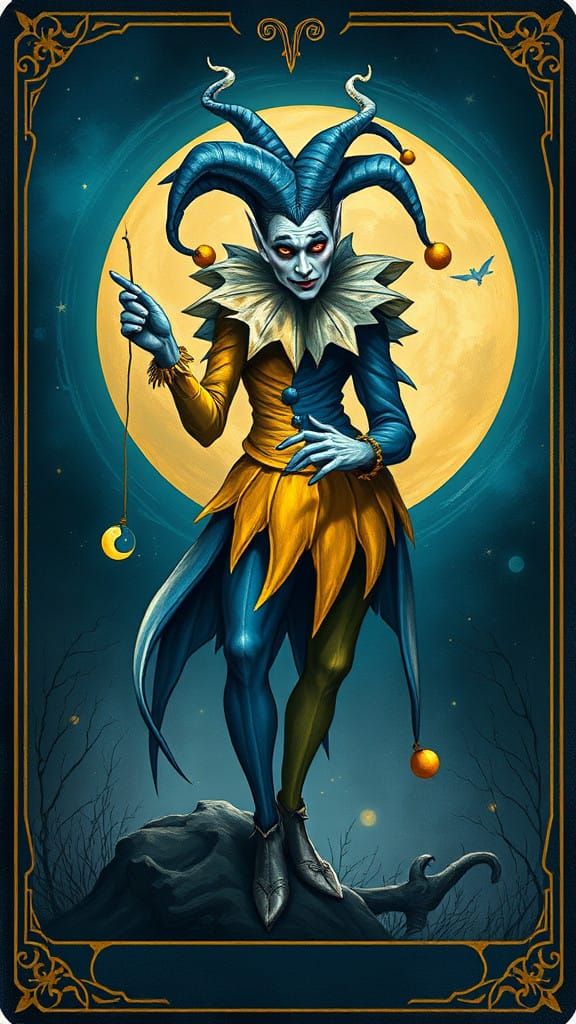 Whimsical Yin-Yang Jester in Mystical Tarot Setting