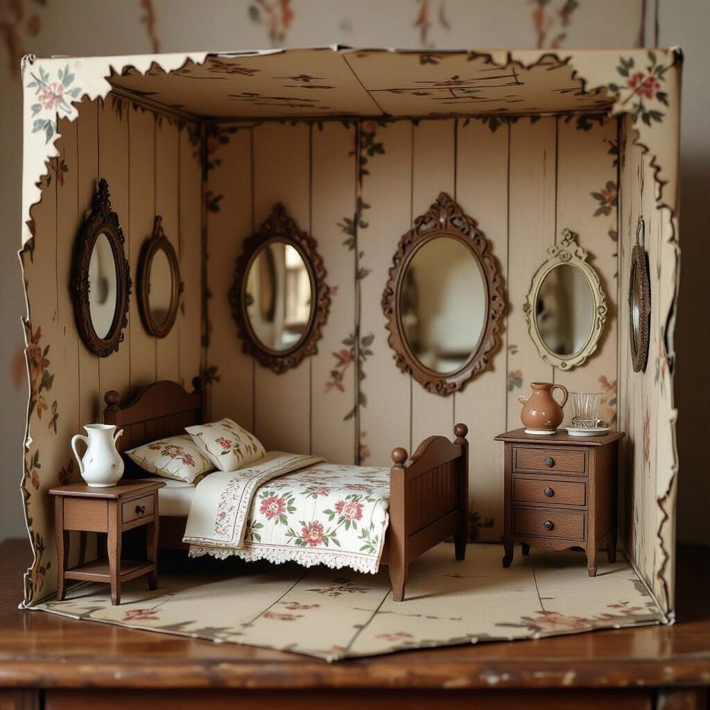 Vintage Pop-Up Book Bedroom in Sepia Tones