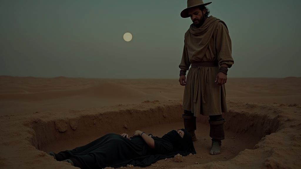 Eerie Desert Scene: Man, Woman, and Child in Pit