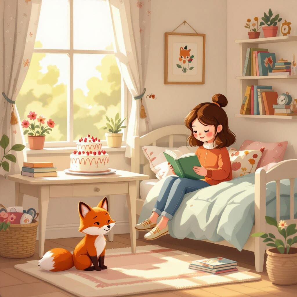 Cozy Preppy Room with Fox Pet and Reading Nook