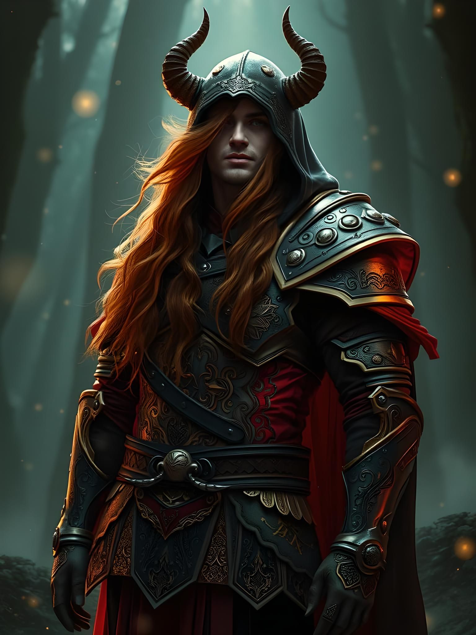 Demonic Warrior in Fantasy Armor with Fire Hair