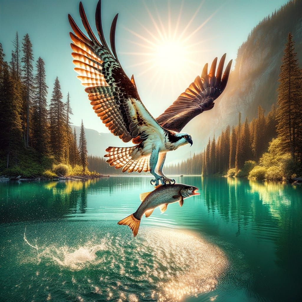 Osprey Soars Over Aquamarine Lake with Fresh Catch