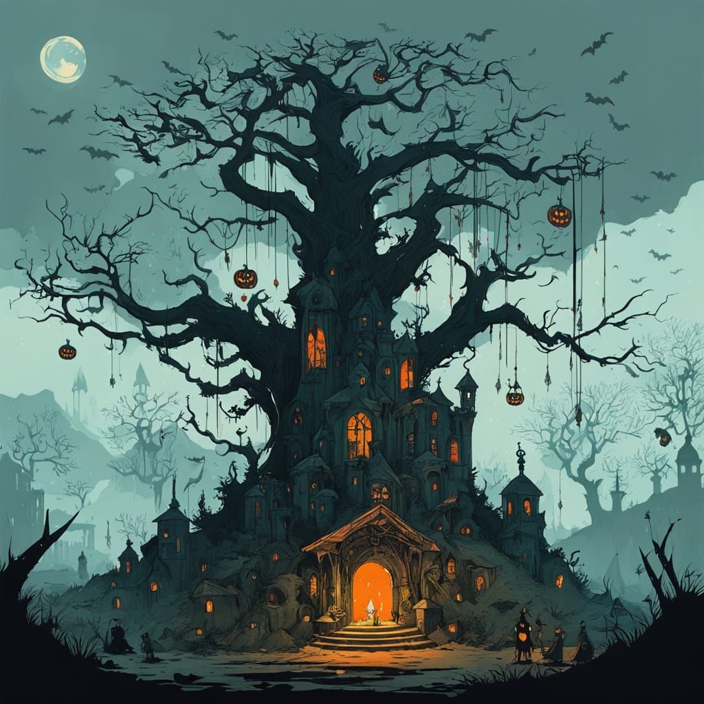 Surreal Christmas Crypt with Skulls and Presents