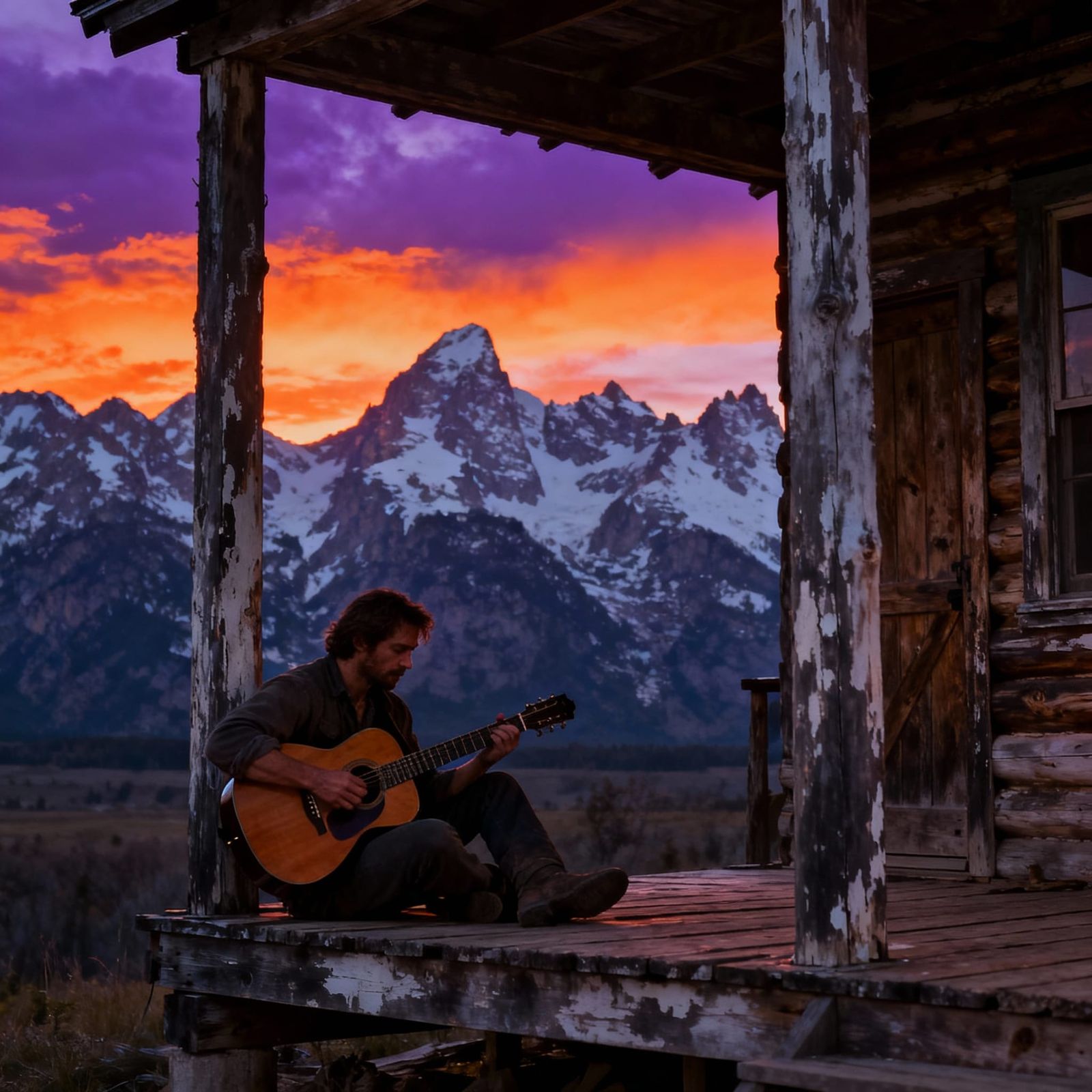 Man Plays Guitar on Rustic Porch Amidst Mountain Sunset