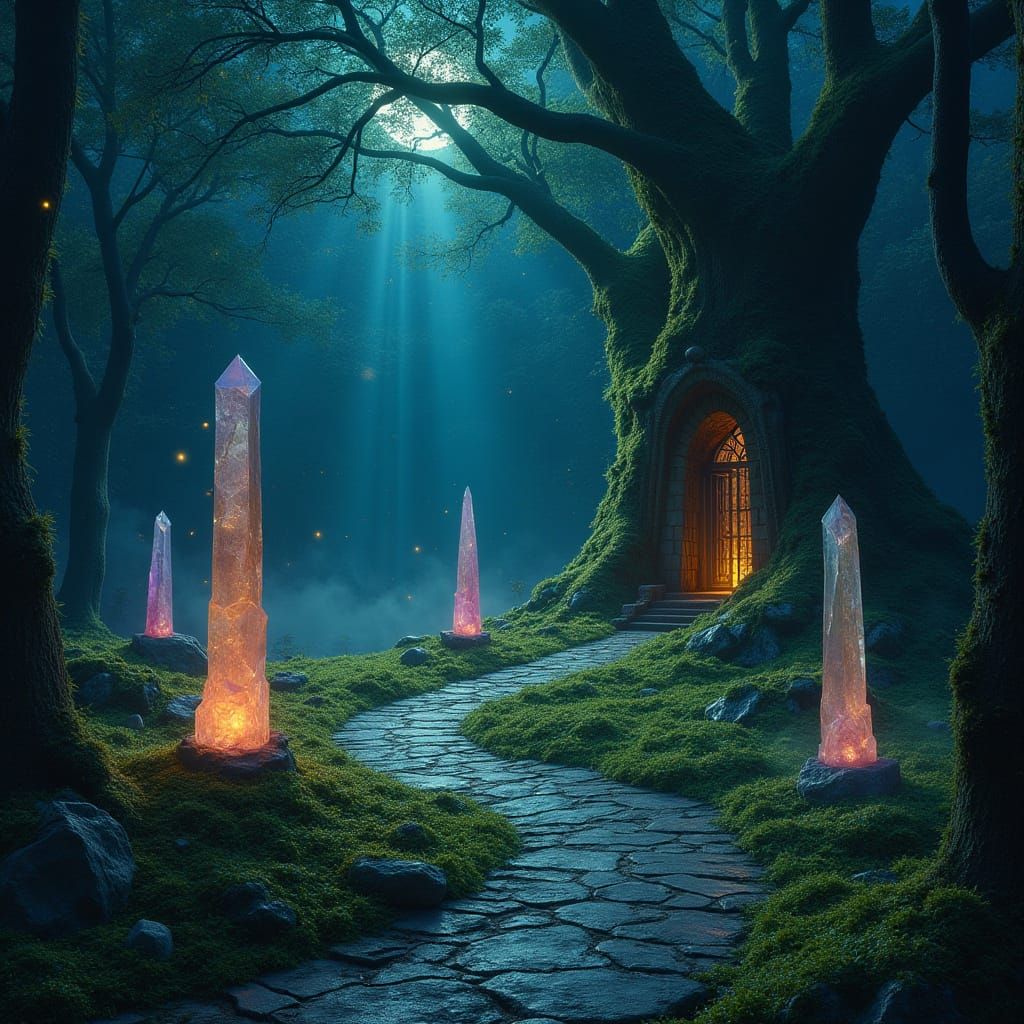 Mystical Forest Realm Illuminated by Otherworldly Crystals
