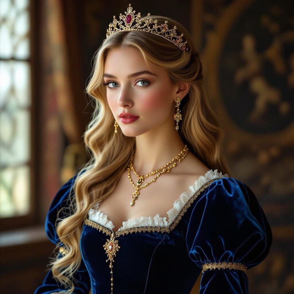 Regal Medieval Princess in Blue Velvet Gown