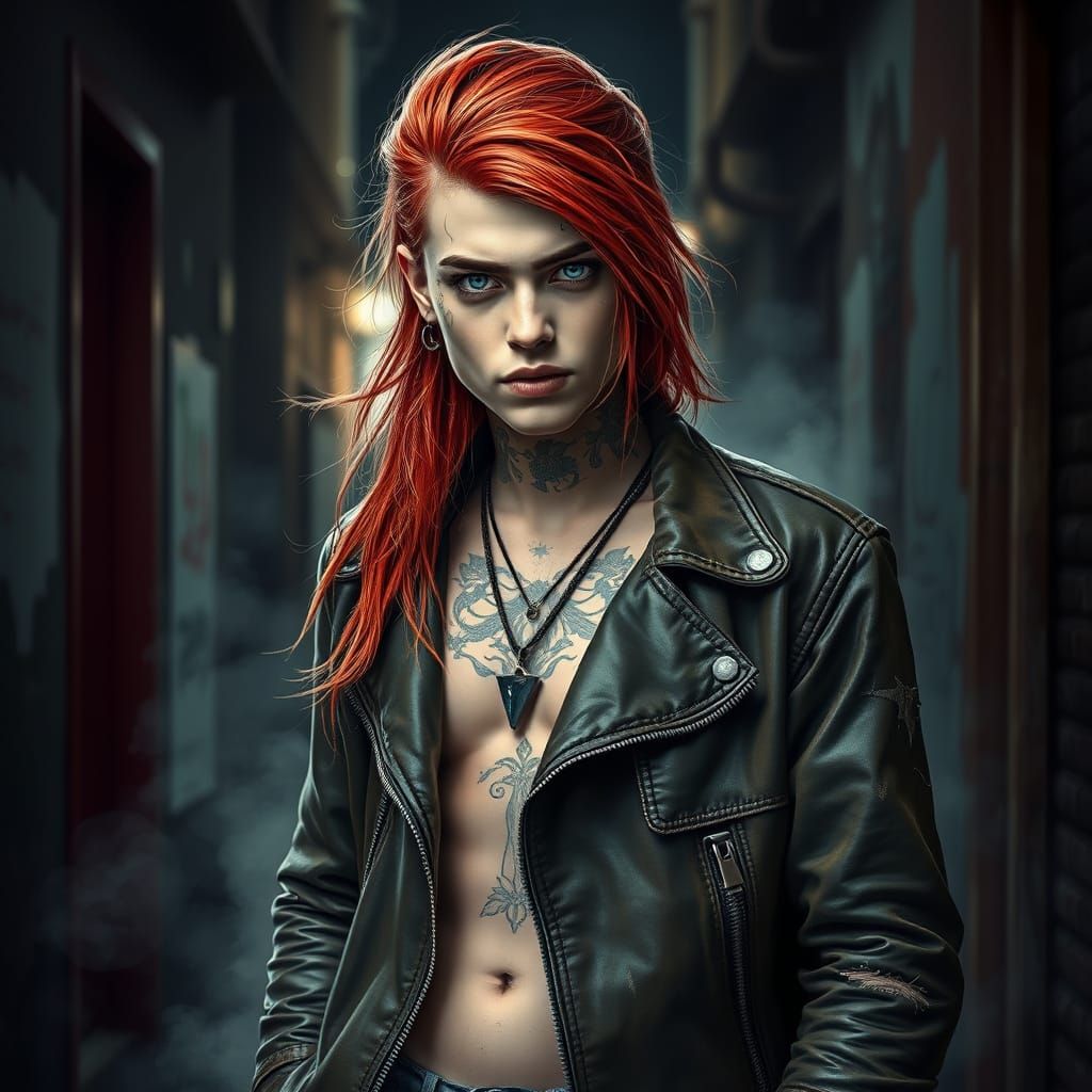Rebellious Redhead in Alleyway: Gritty Realism Portrait