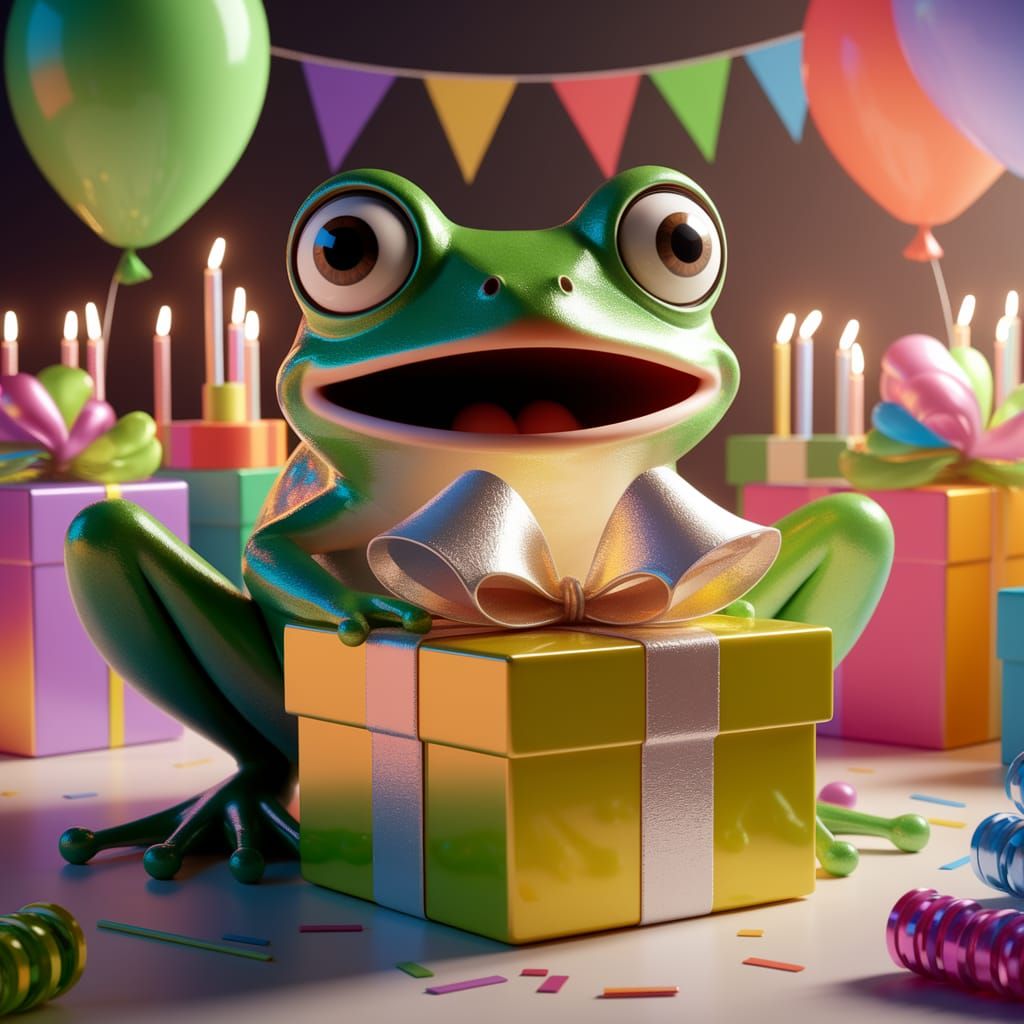 Surprised Frog Opens Gift in Pixar Style