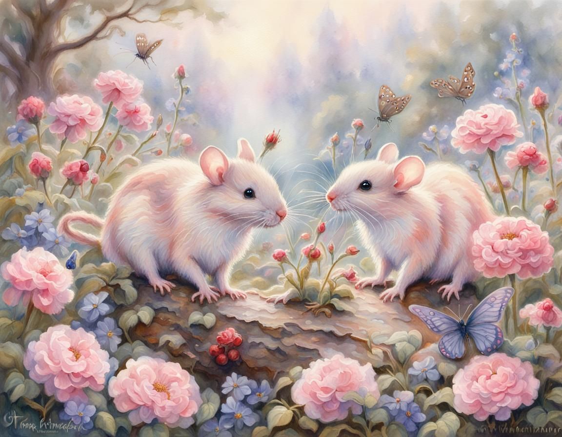 Pink Mice Play with Butterfly: Ethereal Watercolor