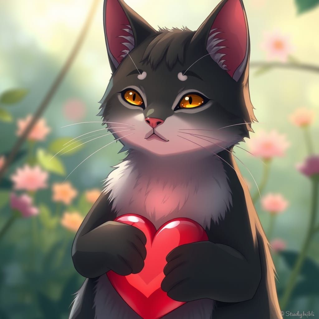 Whimsical Cat Heart Creature Adorns Dreamy Landscape