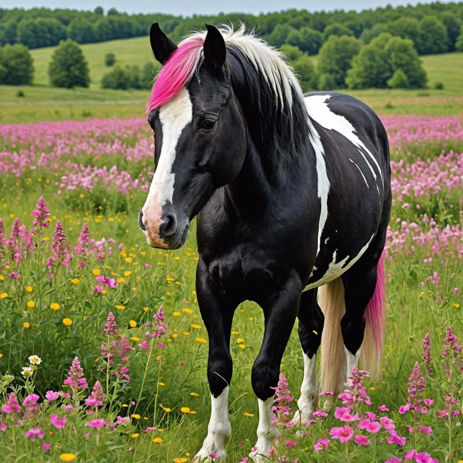Abstract Pinto Horse Grazing in Wildflower Field