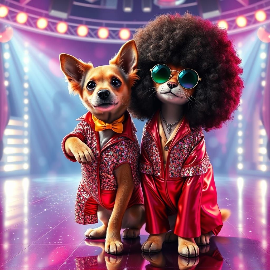 Dog and Cat Disco Duo in 70s Fashion