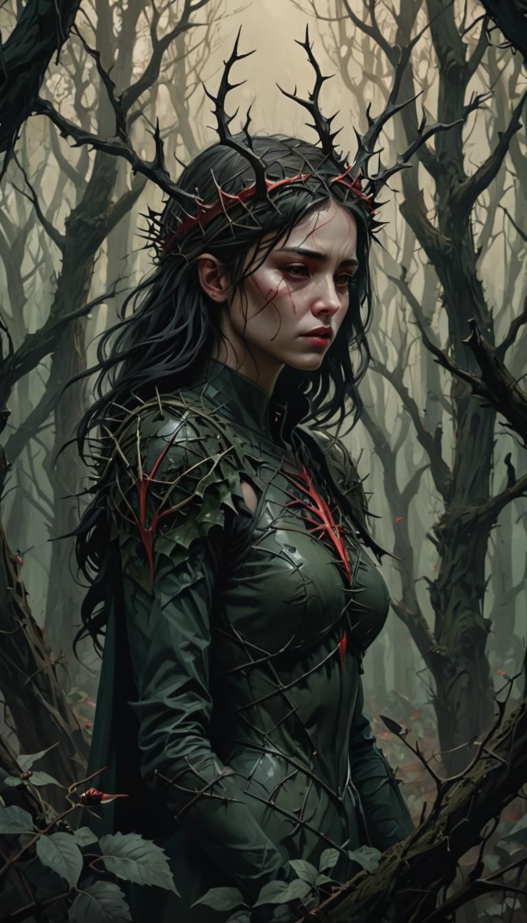 Woman in Dark Forest with Thorns: Fantasy Concept Art