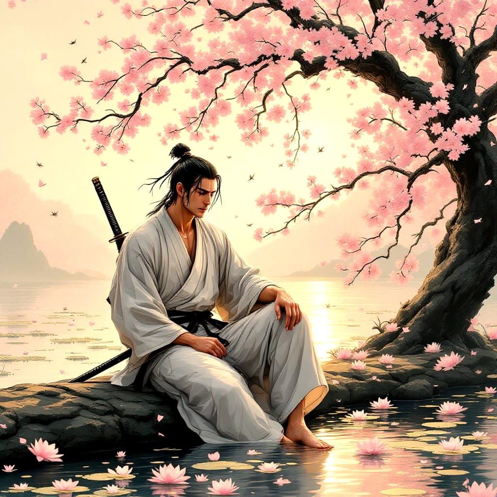 Samurai in Serene Summer Landscape