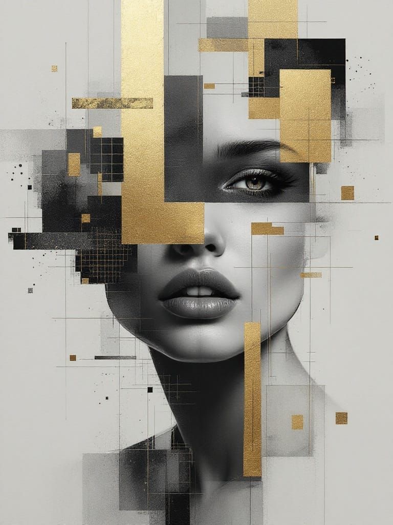 Fragmented Portrait in Grayscale with Gold Accents