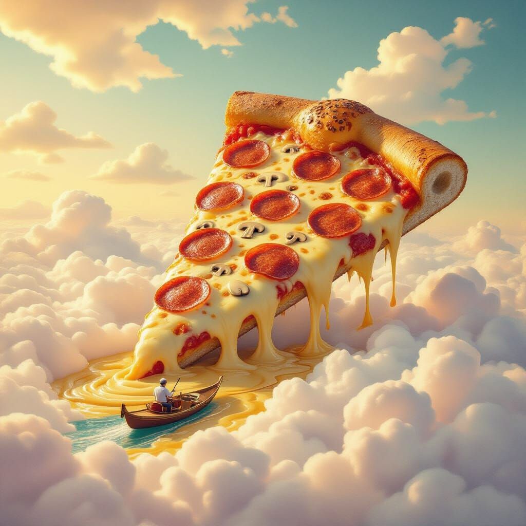 Surreal Pizza Slice Floating in a Dreamy Landscape