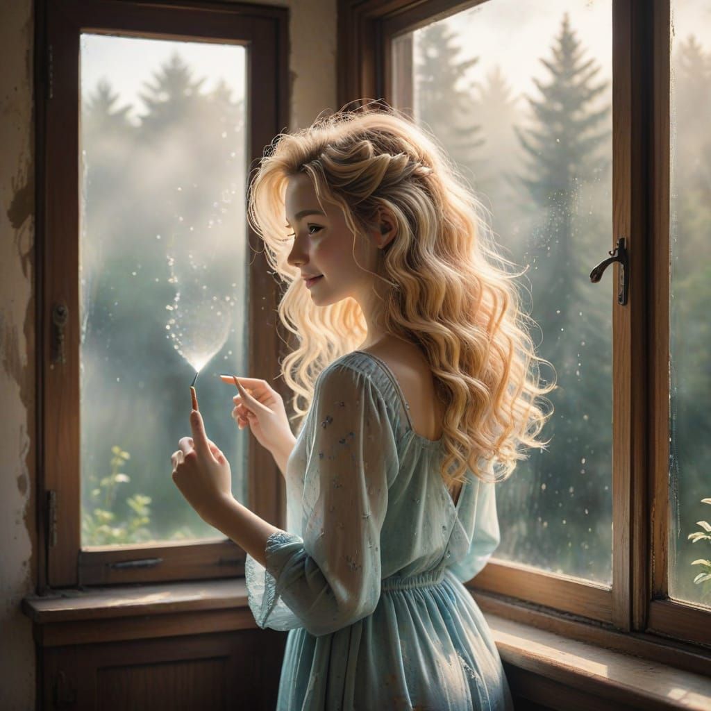 Blonde Girl Writes in Condensation on Foggy Window