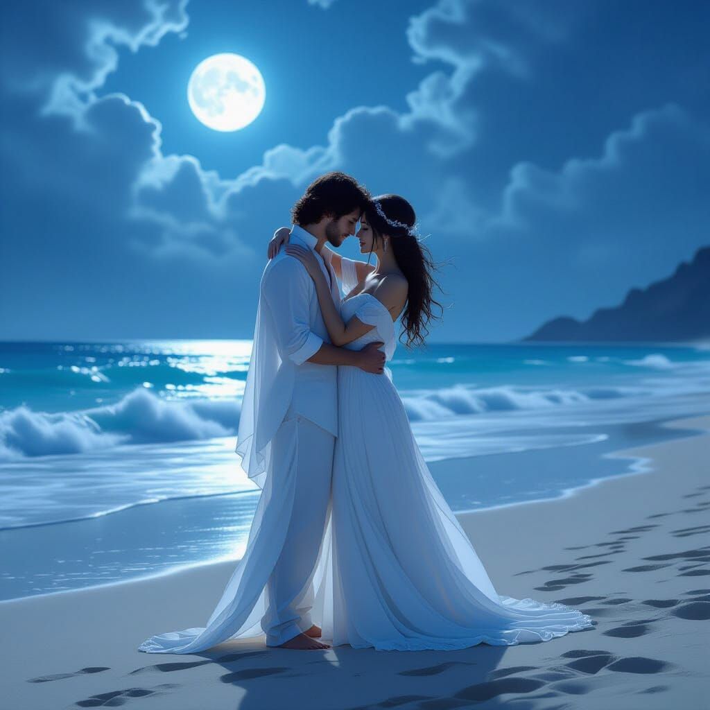 Lovers Embrace Under Moonlight: A Digital Fantasy Scene