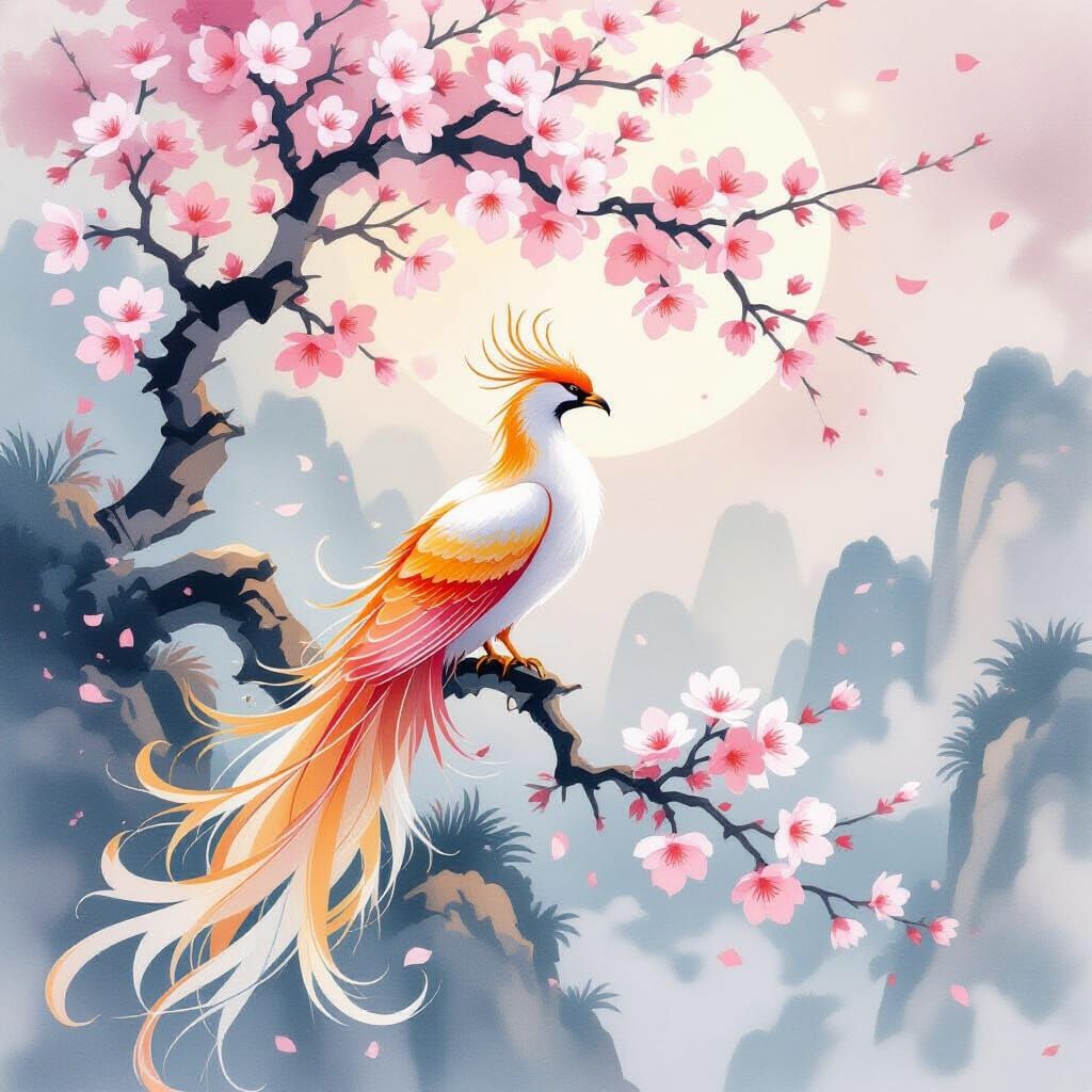 Majestic Phoenix on Celestial Cherry Blossom in Watercolor S...