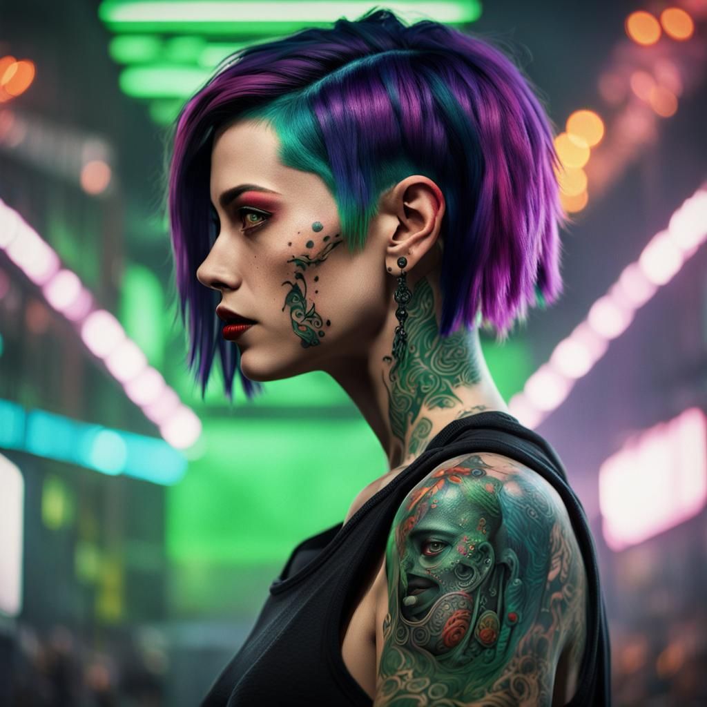 Cyberpunk Woman with Tattoos and Green Hair