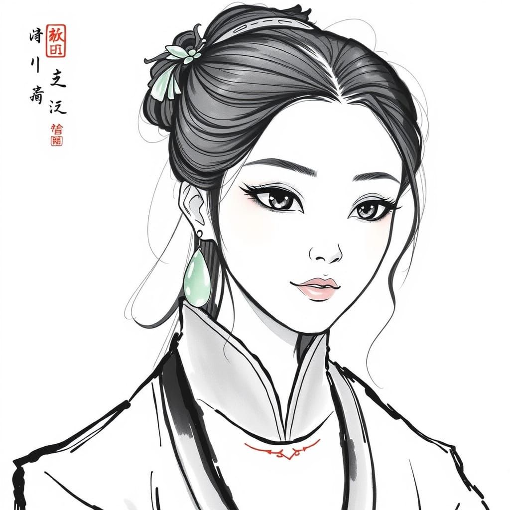 Elegant Ming Dynasty Woman in Ink Line Style