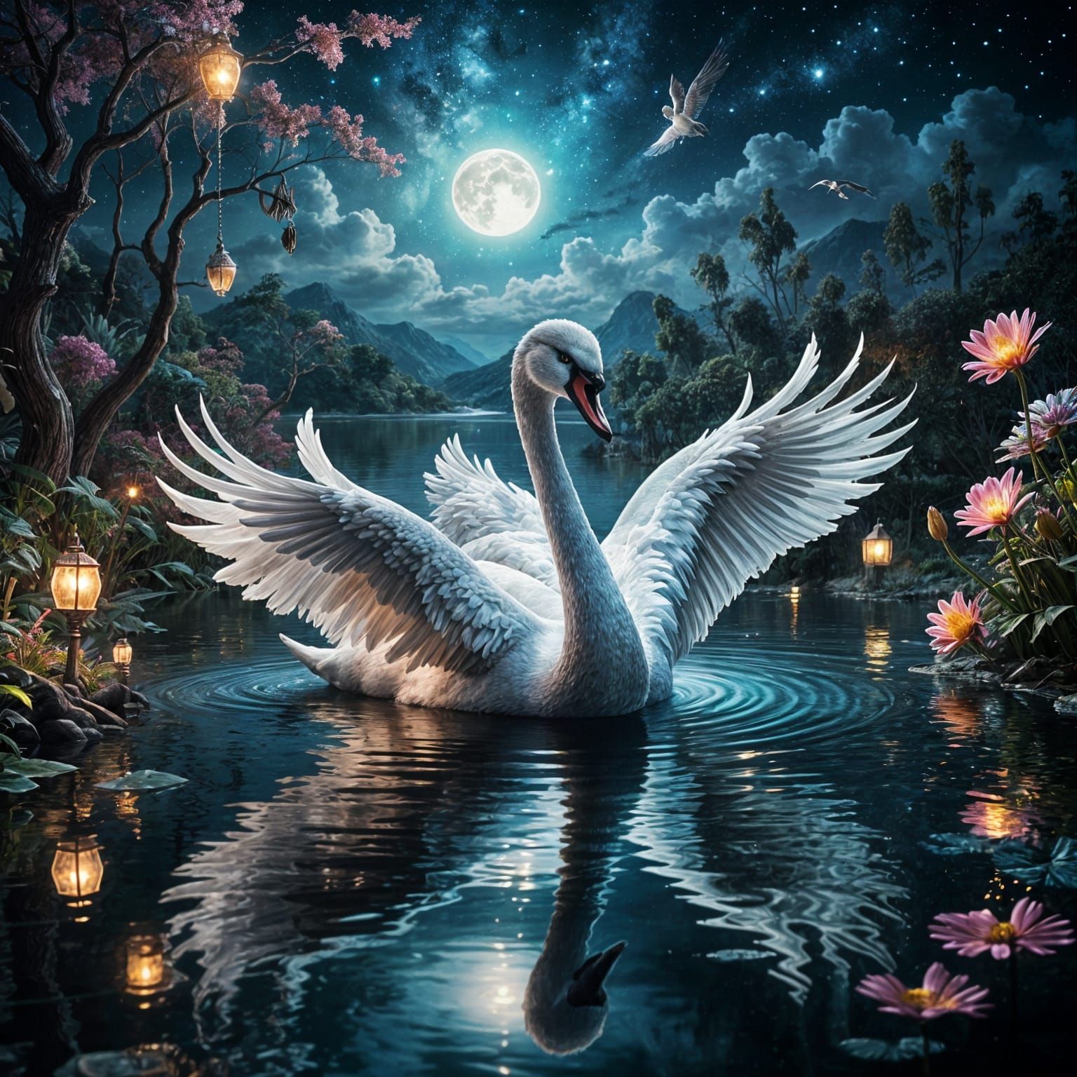 Silver Swan Gliding on Moonlit Lake