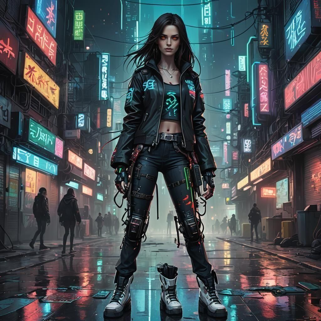 Robot Girl Bleeding in City, Detailed Matte Painting