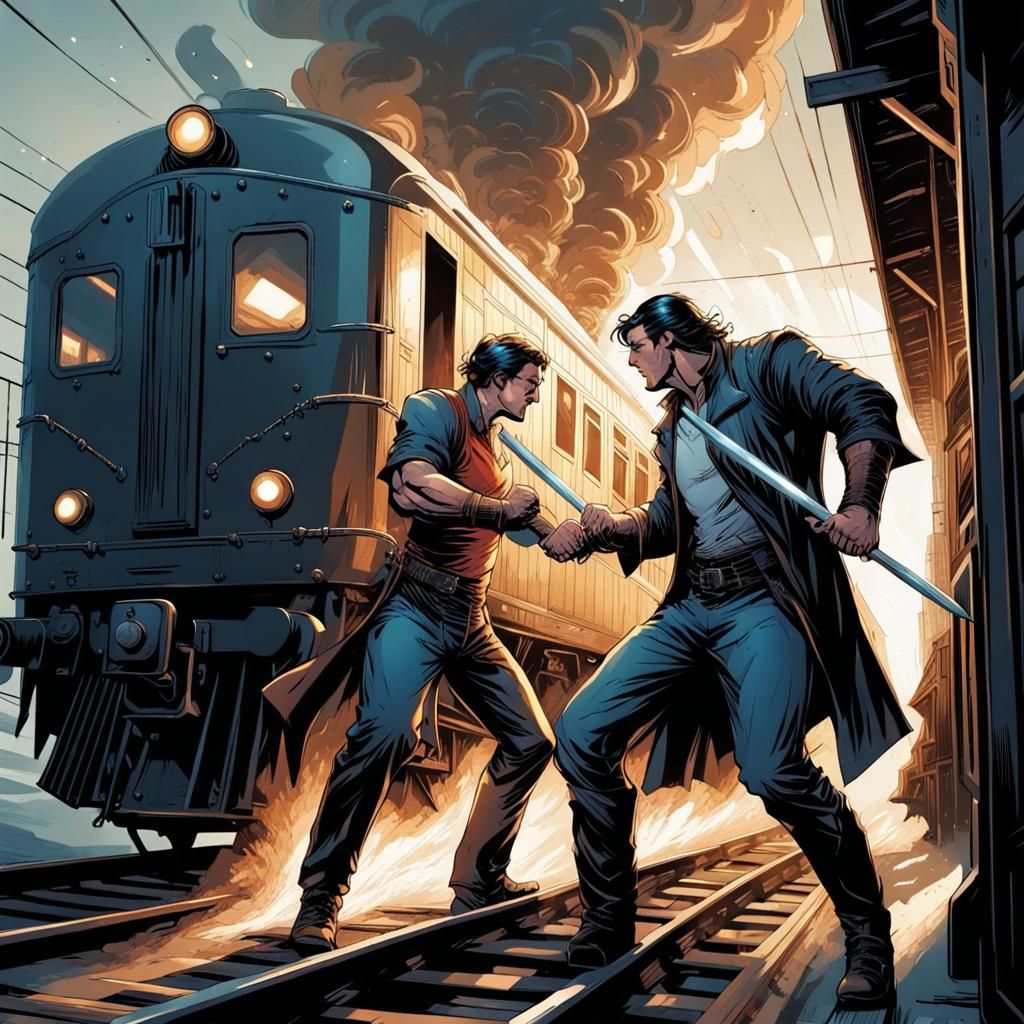 Epic Sword Fight on Train, Comic Book Art