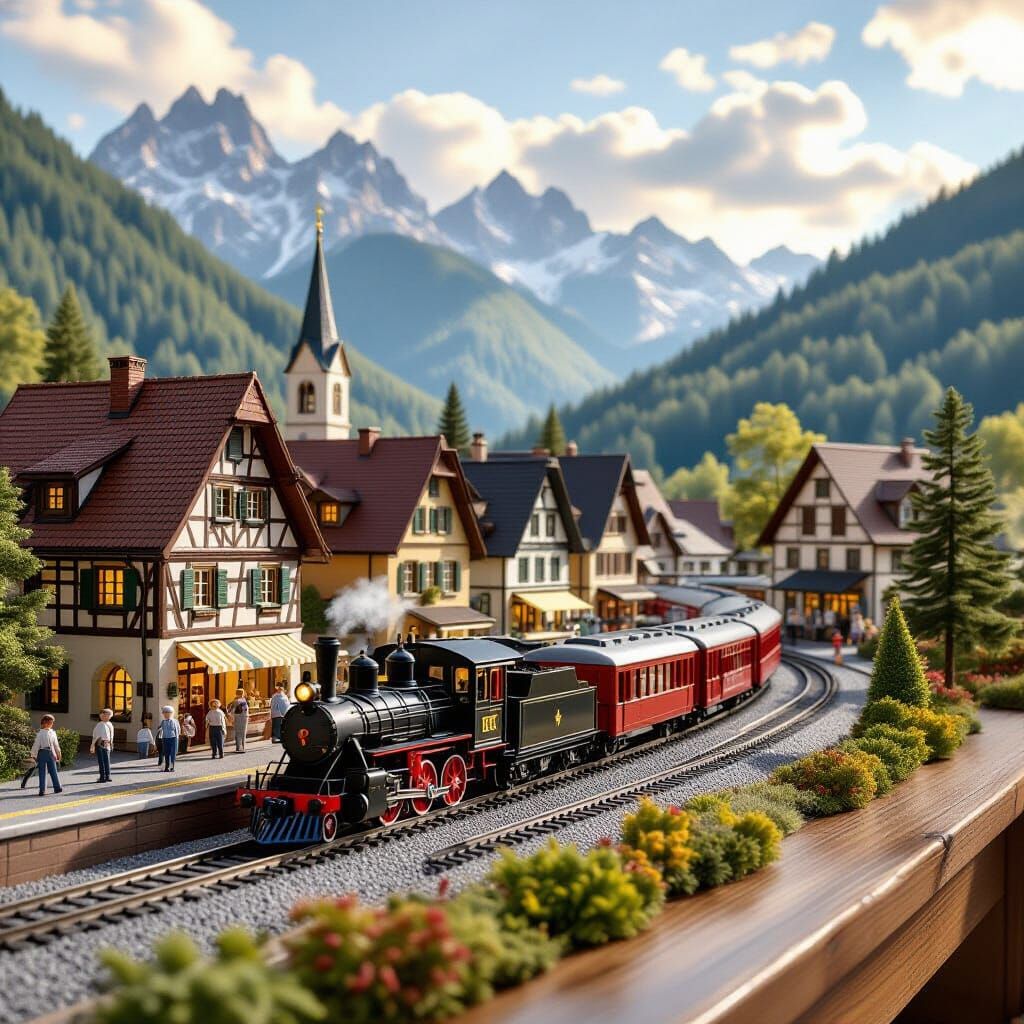 Hyperrealistic 3D Model Train Layout in Alpine Village
