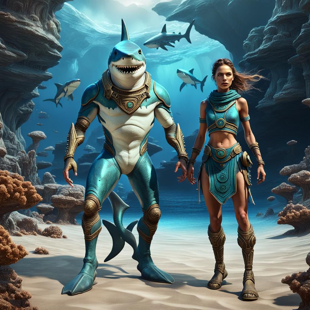 Humanoid Sharks in Greek Outfit on Alien Planet
