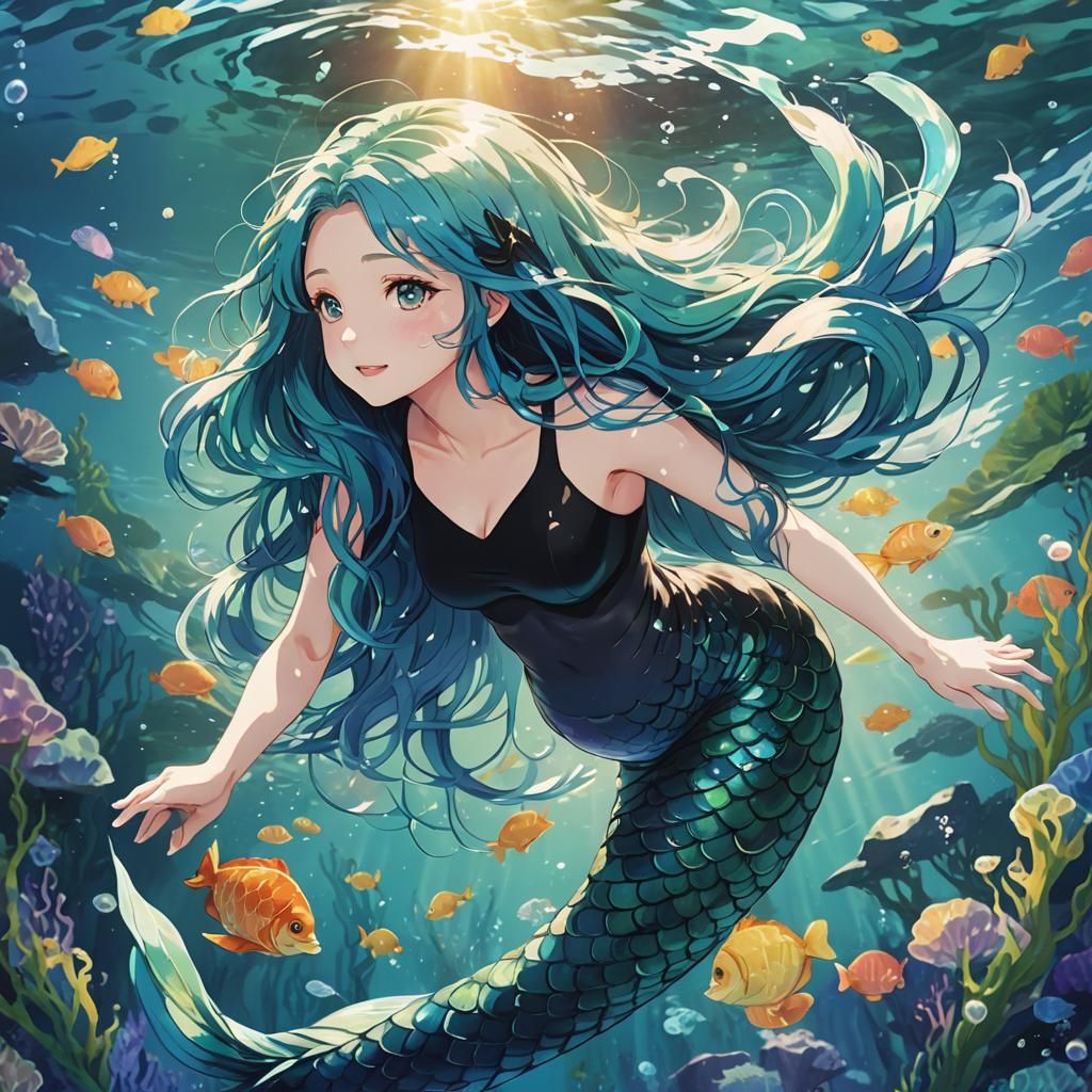 Anime Mermaid Swimming Underwater with Flowing Hair