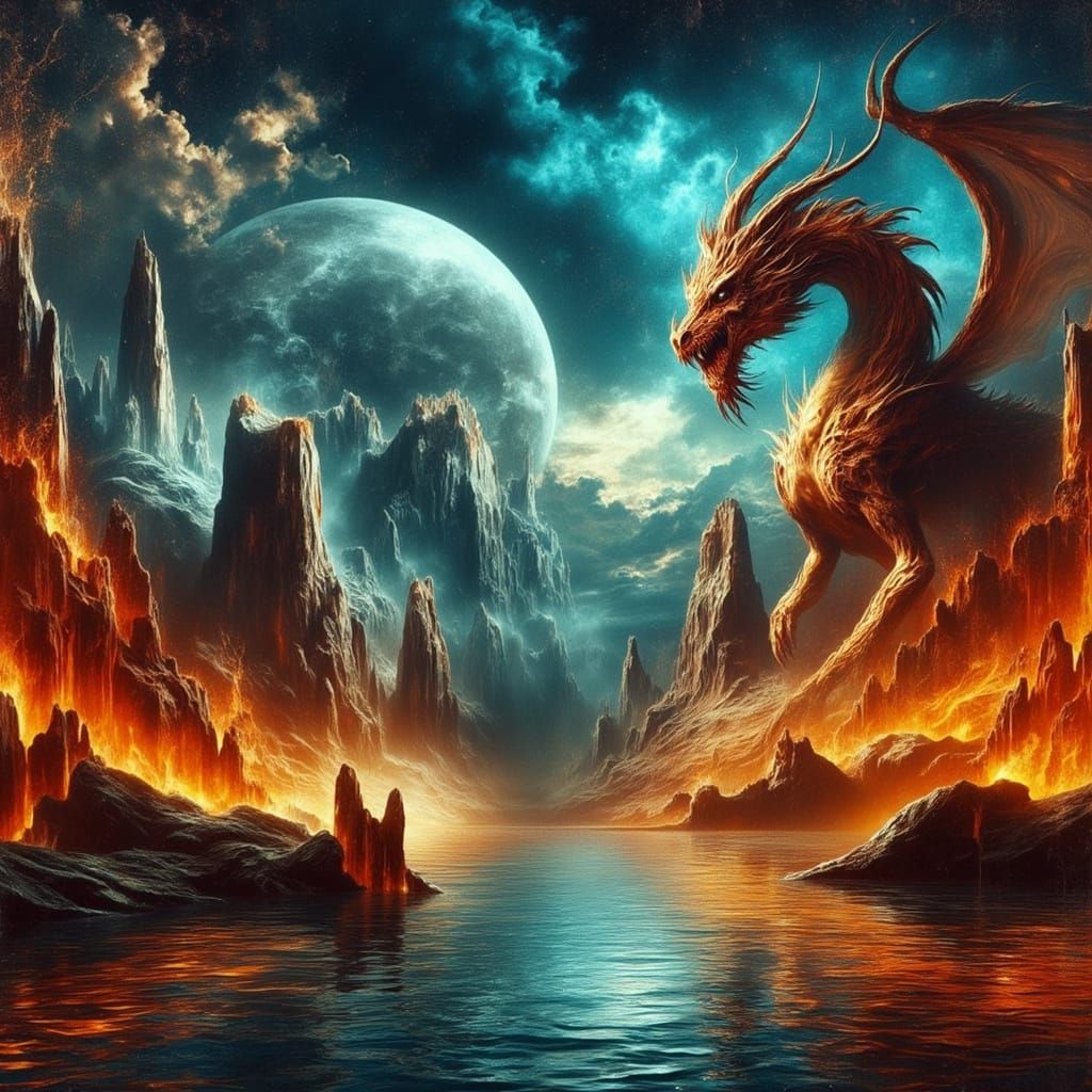Dragon Amidst Flames and Skulls in Dark Fantasy Art