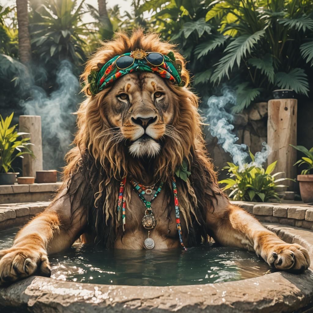 Hippie Lion Smokes in Jacuzzi: AI-Generated Image